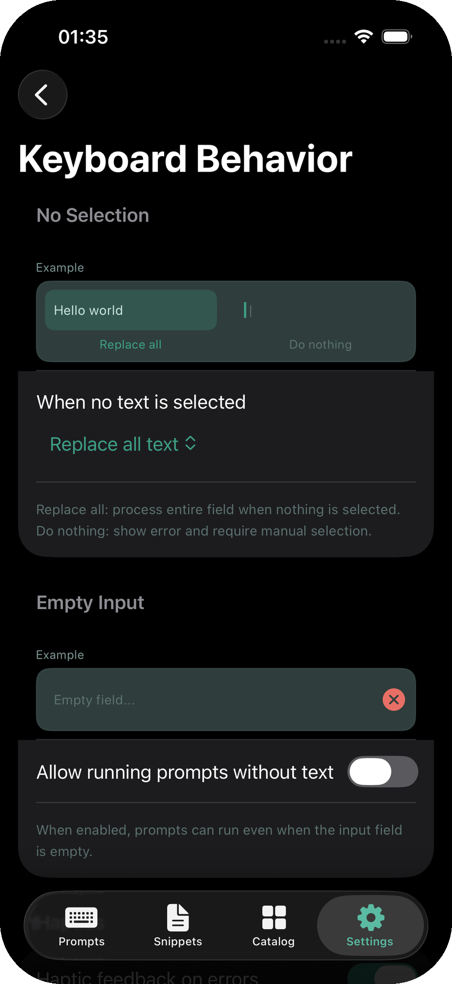 Keyboard behavior settings