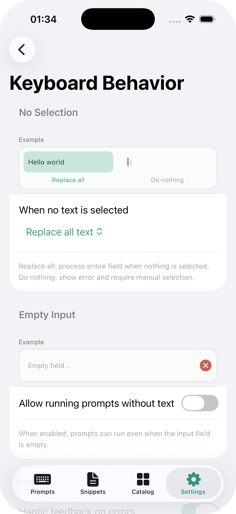 Keyboard behavior settings